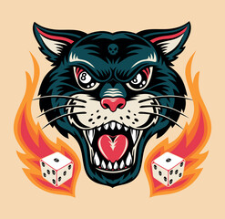 Stylized black panther illustration with billiard balls in eyes and dice on fire. Old tattoo style art.