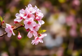 Obraz premium Delicate pink cherry blossoms on a branch, soft sunlight , detail, japanese cherry