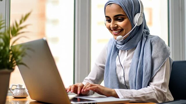L&auml;chelnde Gesch&auml;ftsfrau mit Kopftuch telefoniert an ihrem Arbeitsplatz