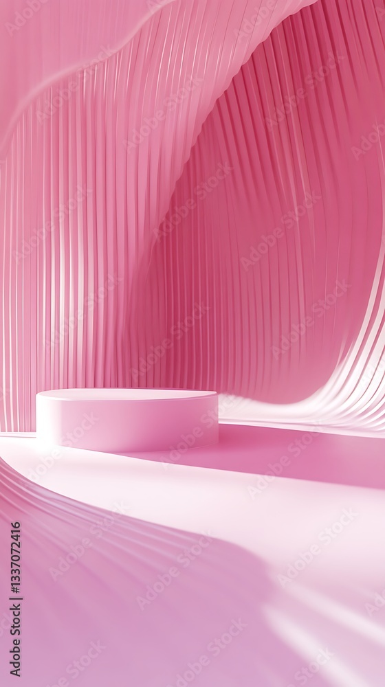 Poster abstract pink wave background with cylindrical display platform for product presentation