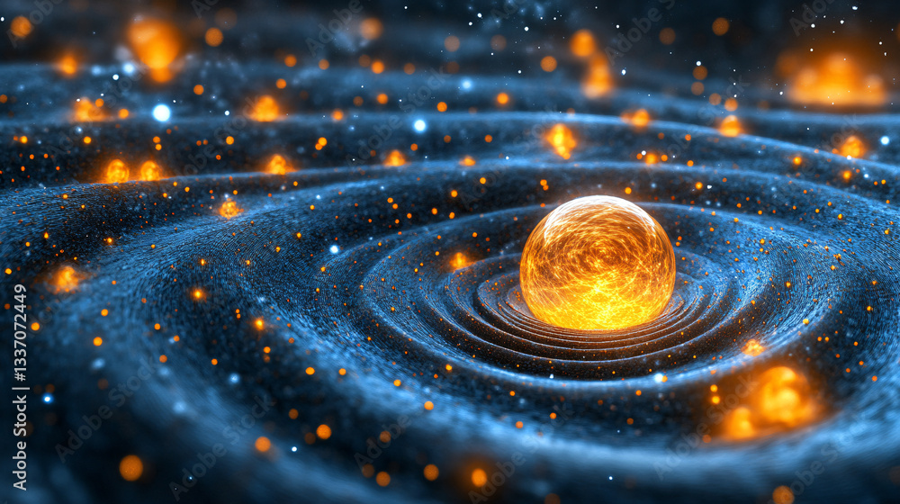 Poster a vibrant depiction of cosmic waves and energies, featuring a glowing orb surrounded by swirling pat