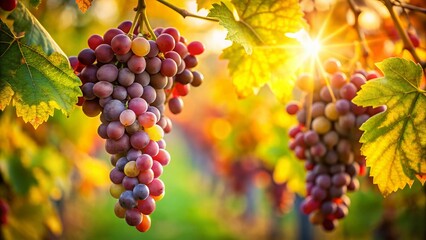 German Wine Grapes on Vine, Sunlight, Green Leaves, Autumn Harvest