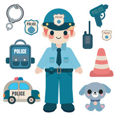 Cute cartoon police officer in uniform surrounded by objects on the theme of a police car, handcuffs, a badge, a walkie-talkie, a gun, a detective dog