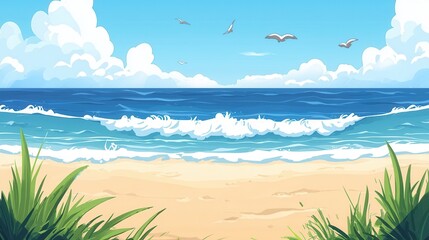 Fototapeta premium Idyllic Beach Scene Ocean Waves Sandy Shore and Sunny Sky