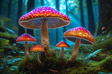 Fototapeta premium mushrooms in the forest with bright lights shining on them