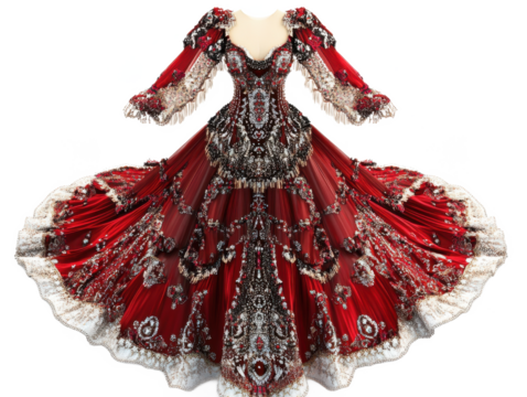 A stunning red gown with intricate embellishments and a full skirt on a Transparent Background