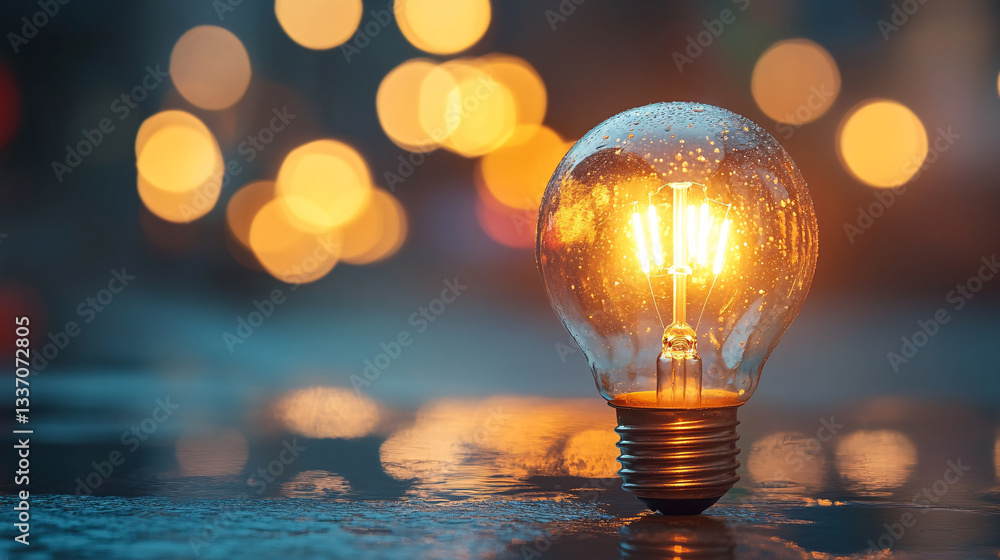 Poster a glowing light bulb stands on a wet surface, surrounded by blurred bokeh lights, creating a warm an