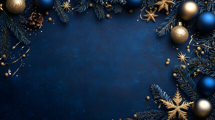 Elegant Blue and Gold Christmas Flat Lay with Pine Branches and Ornaments – Festive Holiday Background with Copy Space

