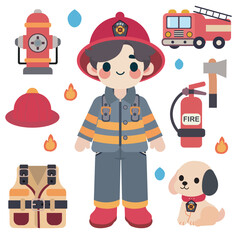 Cute cartoon firefighter in uniform and helmet, surrounded by fire fighting tools fire extinguisher, hydrant, axe, fire truck, vest and rescue puppy.
