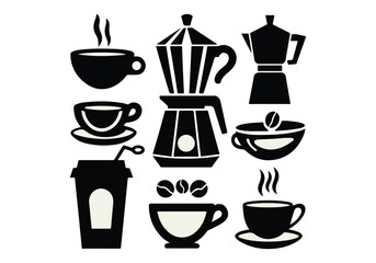 Coffee Icon Set: Cups, Pots, Beans More Café  Beverage Vector Graphics