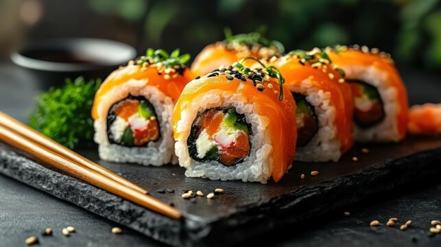 Fresh, flavorful sushi rolls on a slate plate