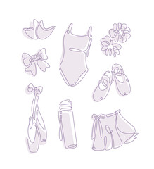 A minimalistic one-line drawing of a ballet supplies, pointe shoes, bow, skirt and others, depicted on a white background. A delicate continuous line vector illustration in light pink © ALINA KRUSS