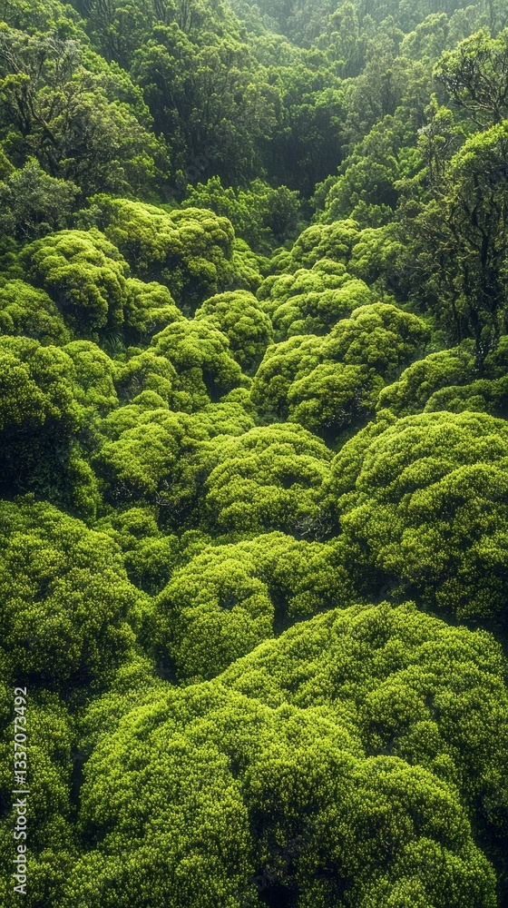 Poster among an enchanting forest, trees draped in dense moss create a serene and vibrant landscape. sunlig