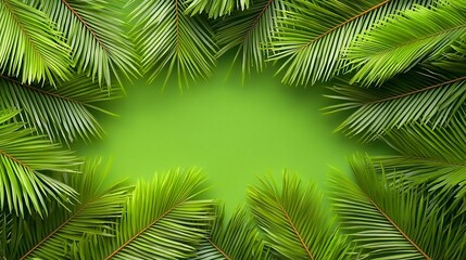 Palm leaves frame a green center on a summer backdrop, used for tropical background imagery