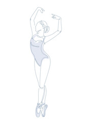 A minimalistic one-line drawing of a ballerina in a graceful pose, depicted on a white background. A delicate continuous line vector illustration in light blue