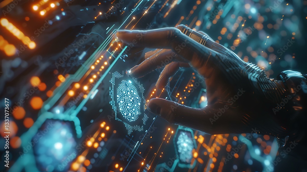 Poster a close-up of a human hand touching a holographic blockchain network with floating nodes and secure 