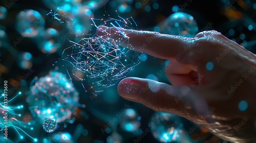 Poster a close-up of a human hand touching a holographic blockchain network with floating nodes and secure 