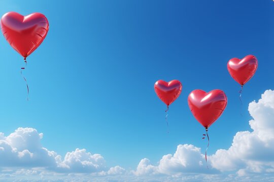 several red heart shaped balloons floating in the air on a sunny day