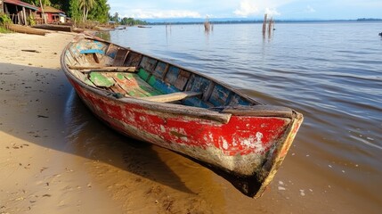Obraz premium A slow boat cruise along the Mekong River, passing ancient villages