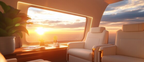 Luxurious sunset flight in a private jet cabin