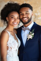A bride and groom are posing for a picture, with the groom wearing a bow tie. The bride is wearing a white dress and the groom is wearing a blue suit. Scene is happy and celebratory