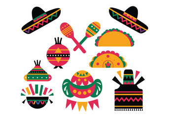 Mexican Fiesta Icon Set: Sombreros, Maracas, Tacos More Cultural Vector Graphics