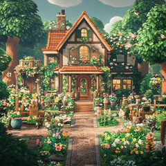 Fototapeta premium Charming cottage surrounded by vibrant gardens and flowers, showcasing enchanting countryside living and nature's beauty