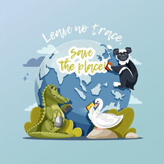 Cute crocodile, indri and white swan on a light blue background, cleaning nature. Eco-friendly concept with animals protecting the planet. Earth illustration, vector clip art