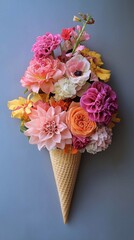An ice cream waffle cone filled with colourful huge flowers, vertical