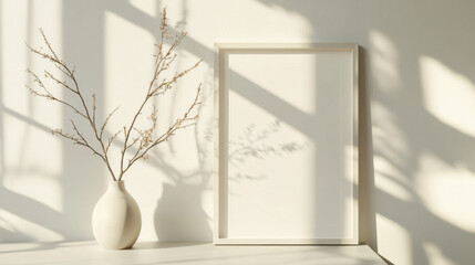 A contemporary art print framed elegantly in white, placed against a soft-toned backdrop with a single delicate dried branch in a ceramic holder beside it