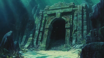 Atlantic underwater ocean game cartoon background of ruin. Undersea world cartoon adventure. Abandoned portal in aquarium on bottom. Fantasy artifact to explore. Nautical mysterious landscape.