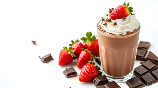A glass of chocolate milk with strawberries and chocolate shavings on top. Concept of indulgence and sweetness, as the combination of chocolate and strawberries is a popular and delicious treat