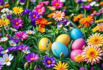 Colorful Easter eggs hidden amongst vibrant spring flowers in a lush garden,  yellow, garden