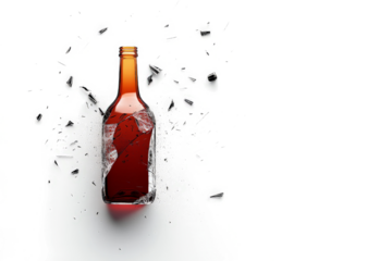 a bottle of beer with a broken glass cutout image and isolated on transparent background 