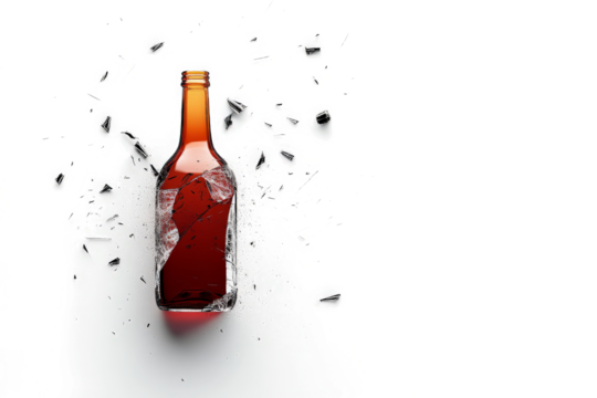 a bottle of beer with a broken glass cutout image and isolated on transparent background 