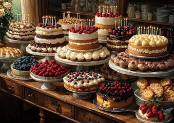Extravagant display of cakes and pastries, a celebratory dessert extravaganza
