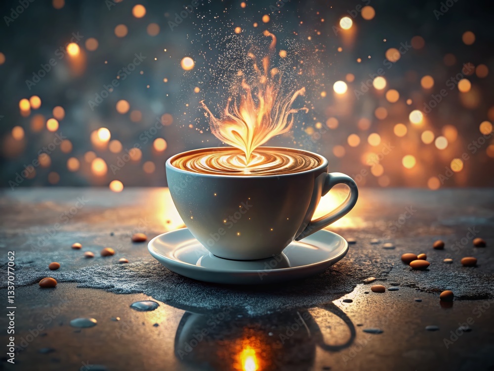 Poster glowing latte art: 3d floating objects in a soft industrial cafe setting