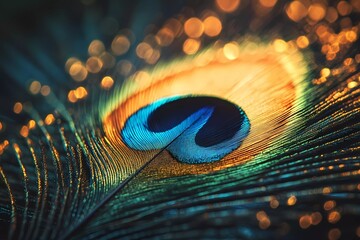 Fototapeta premium Peacock feather with golden highlights and soft curves, showcasing iridescent textures, exotic charm, and delicate beauty, perfect for visual storytelling, digital book illustration