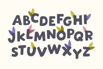 Vector illustration of a decorative uppercase alphabet with a hand-drawn style. Bold dark gray letters are adorned with colorful leaves on a light background. Perfect for typography design, posters