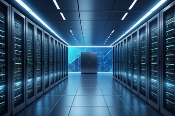 Fototapeta premium a dimly lit server room with rows of servers and a blue light