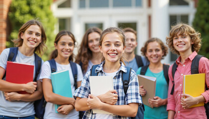 Fototapeta na wymiar Joyful schoolchildren holding books in front of school building, celebration of learning