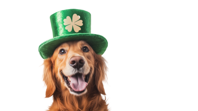 A happy, cute dog wearing a green leprechaun hat on a transparent background. Festive St. Patrick's Day theme with a charming and playful expression