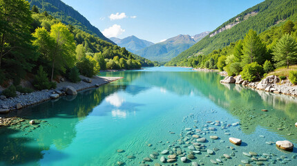 Serene river flowing through lush valley, natural beauty