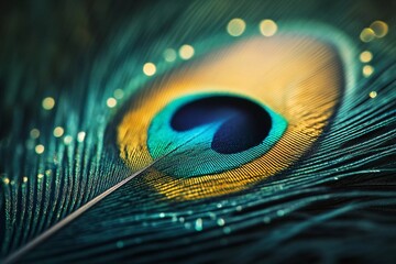 Naklejka premium Peacock feather with golden highlights and soft curves, showcasing iridescent textures, exotic charm, and delicate beauty, perfect for visual storytelling, digital book illustration