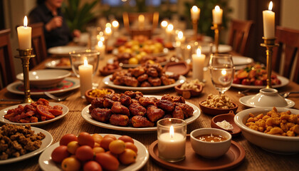 Fototapeta premium Lavishly set table with traditional Middle Eastern feast, festive gathering