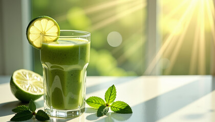 Green detox smoothie with lime and mint in a glass. A healthy drink for cleansing the body and keeping fit.