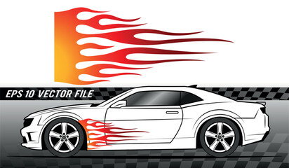 Fire flames racing car decal vector art graphic. Burning tire and flame sports car body side vinyl decal. Side speed decoration for cars, auto, truck, boat, suv, motorcycle.