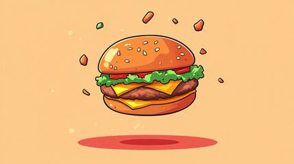 Burgers banner, fast food restaurant or cafe website. Vector landing page of fastfood promotion with cartoon illustration of flying hamburger with buns, grill patty, cheese, tomato and egg