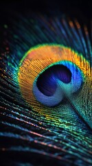 Obraz premium Peacock feather with golden highlights and soft curves, showcasing iridescent textures, exotic charm, and delicate beauty, perfect for visual storytelling, digital book illustration