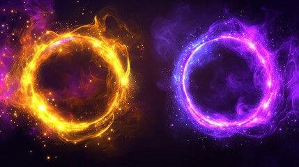 Fototapeta premium Circle halo light with overlay effect on transparent background. Realistic 3d vector illustration set of yellow and purple neon glow ring with sparkle, flare and smoke cloud. Circular magic frame.